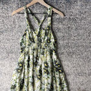 Free People Dress Womens Small White Green Floral Crisscross Back Smocked Waist